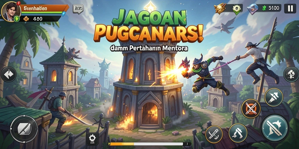 Tampilan gameplay F32 dengan menara dan musuh yang intens.