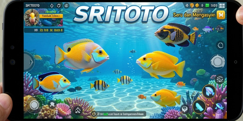 Tampilan gameplay dinamis dalam SRITOTO yang menunjukkan aksi menembak ikan.