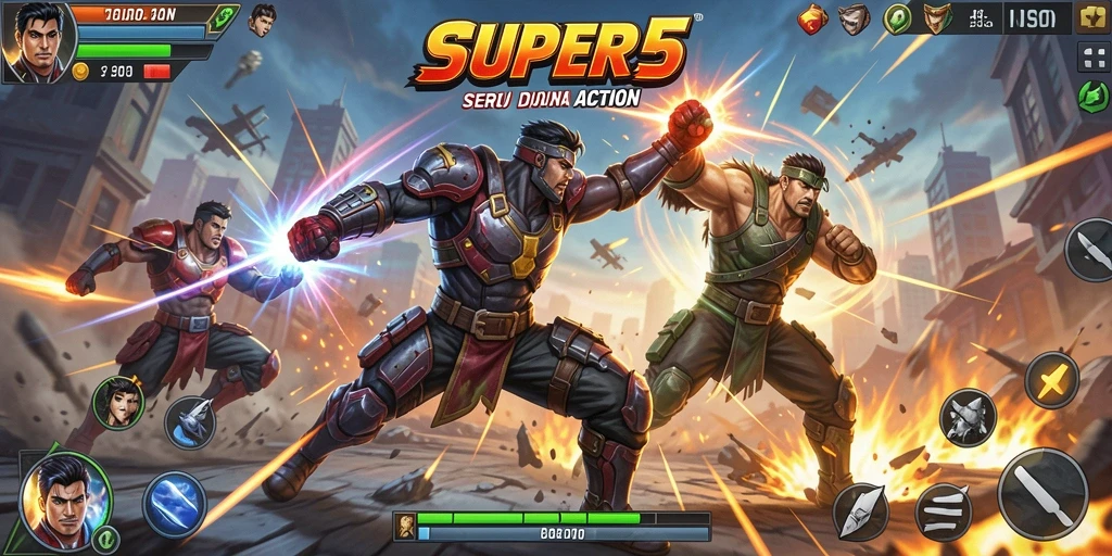 Tangkapan layar gameplay SUPER5 yang menampilkan pertarungan mendebarkan.